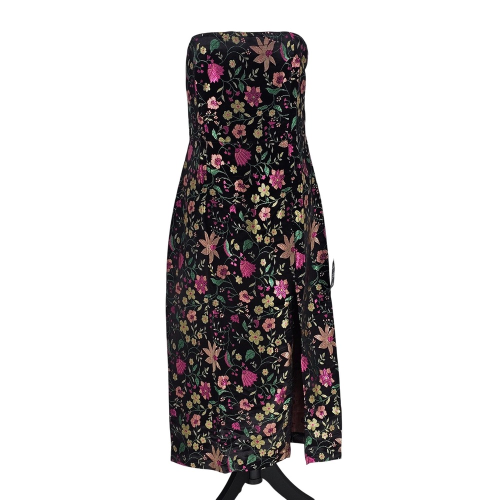 Lulus Make a Move Strapless Midi Dress L Black Floral Brocade Metallic Slit
